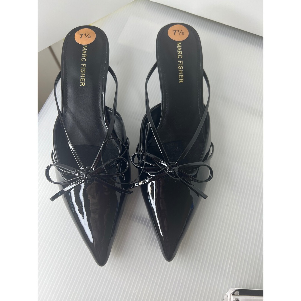Marc Fisher Black Patent Pointed Toe Kitten Heel Mules with Bow Detail Size 7.5M